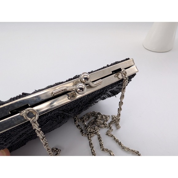 Vintage Whittall & Shon Black Beaded Shell Clutch -Art Deco Scallope Evening Bag - Picture 5 of 7